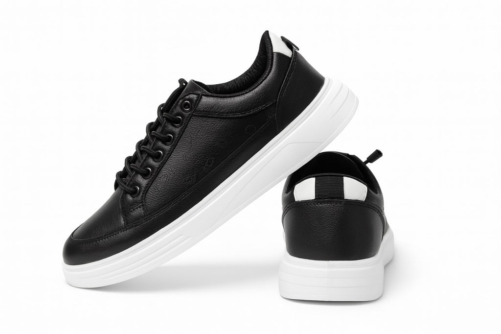 “Men’s Black Leather Casual Sneakers – Comfortable Lace-Up Shoes with White Sole” | All sizes available