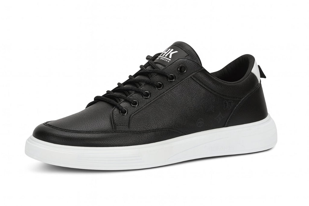 “Men’s Black Leather Casual Sneakers – Comfortable Lace-Up Shoes with White Sole” | All sizes available