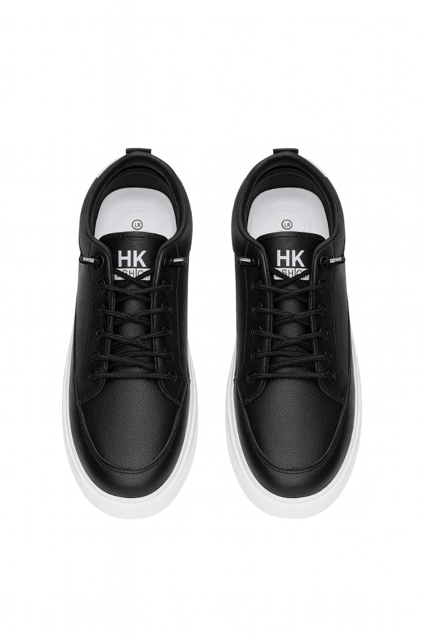 “Men’s Black Leather Casual Sneakers – Comfortable Lace-Up Shoes with White Sole” | All sizes available